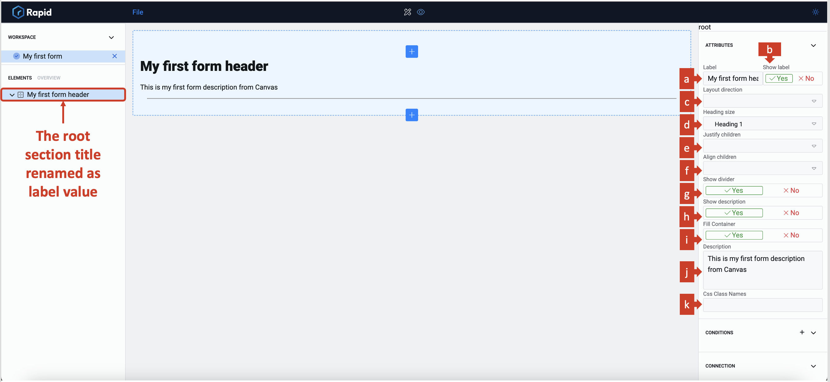 Image showing various configuration fields for root section